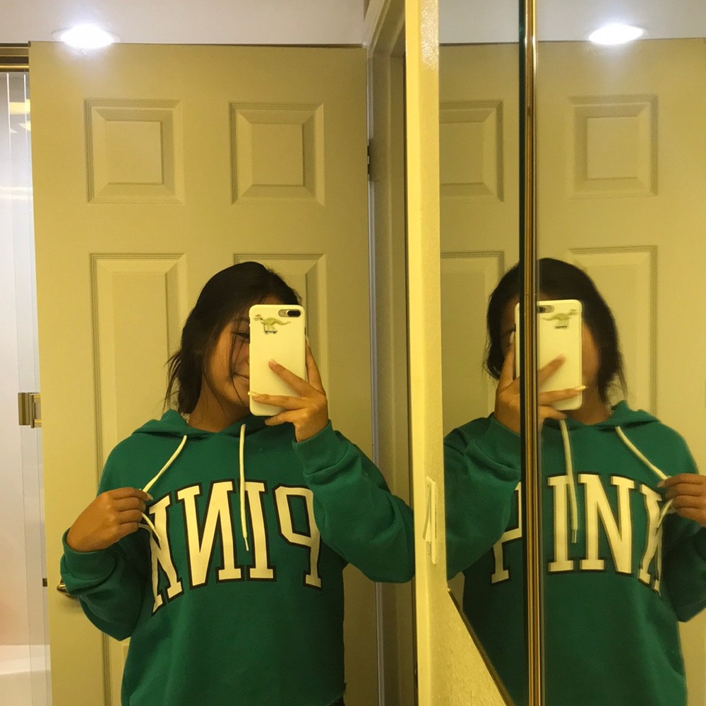 blue green PINK hooded sweatshirt